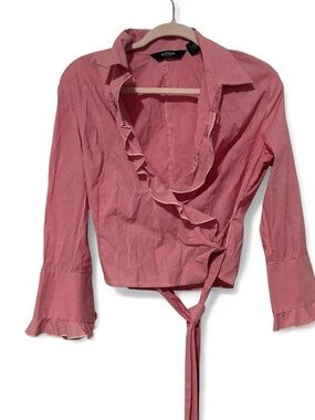 Express Red Stripe Ruffle Wrap Shirt